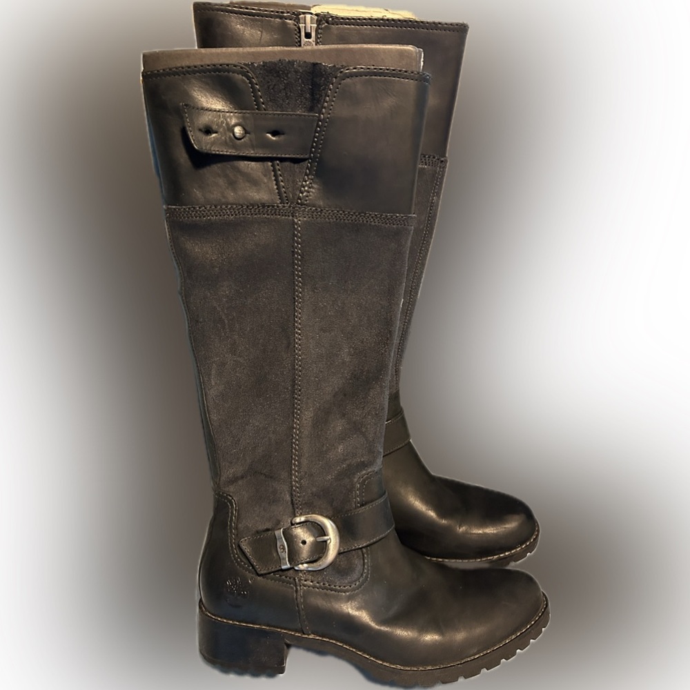 Black suede and leather Timberland women’s 8.5 knee high boots with lug soles